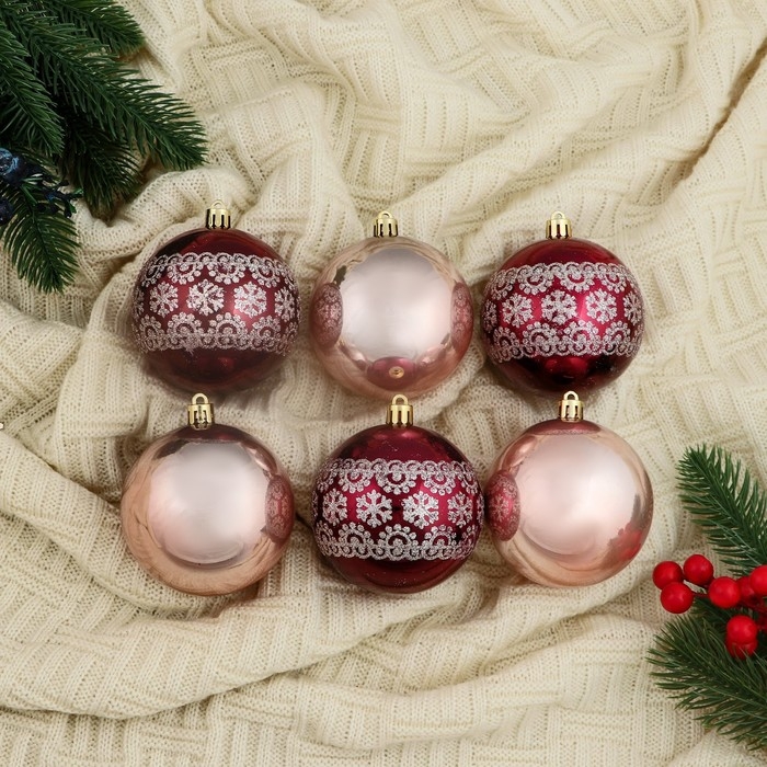 Набор шаров пластик d-8 см, 6 шт Набор шаров пластик d-8 см, 6 шт "Ночка" цветы узор, бордовый золото