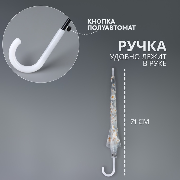 Зонт - трость полуавтоматический «Ромашка», 8 спиц, R = 45/55 см, D = 110 см, цвет прозрачный/белый Зонт - трость полуавтоматический «Ромашка», 8 спиц, R = 45/55 см, D = 110 см, цвет прозрачный/белый