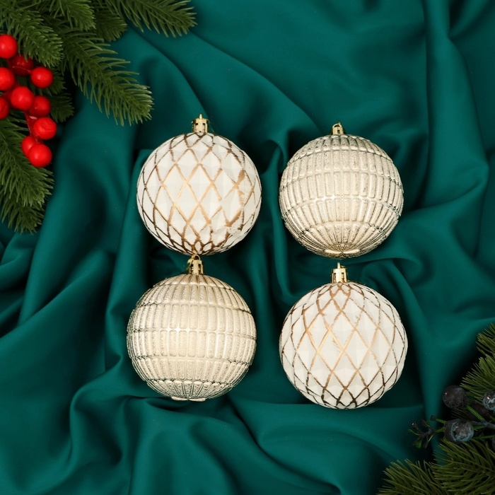 Набор шаров пластик d-8 см, 4 шт Набор шаров пластик d-8 см, 4 шт "Авива" сетка, золото