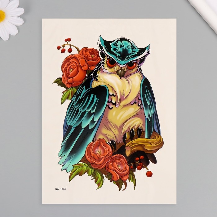 Татуировка на тело цветная Татуировка на тело цветная "Сова в пионах" 26,1х14,6 см