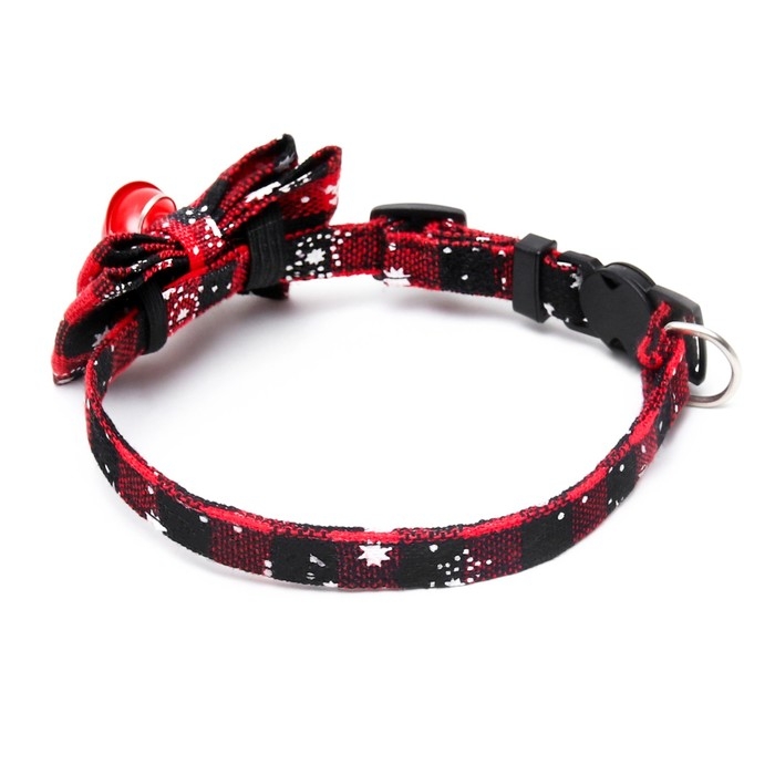 Ошейник текстильный со снежинками и бубенчиком, 30 х 1 см, красно-чёрный Ошейник текстильный со снежинками и бубенчиком, 30 х 1 см, красно-чёрный