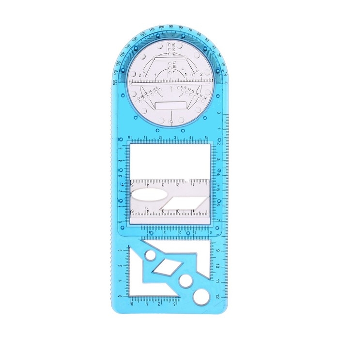 Линейка-трафарет для черчения фигур, с транспортиром, пластик Линейка-трафарет для черчения фигур, с транспортиром, пластик