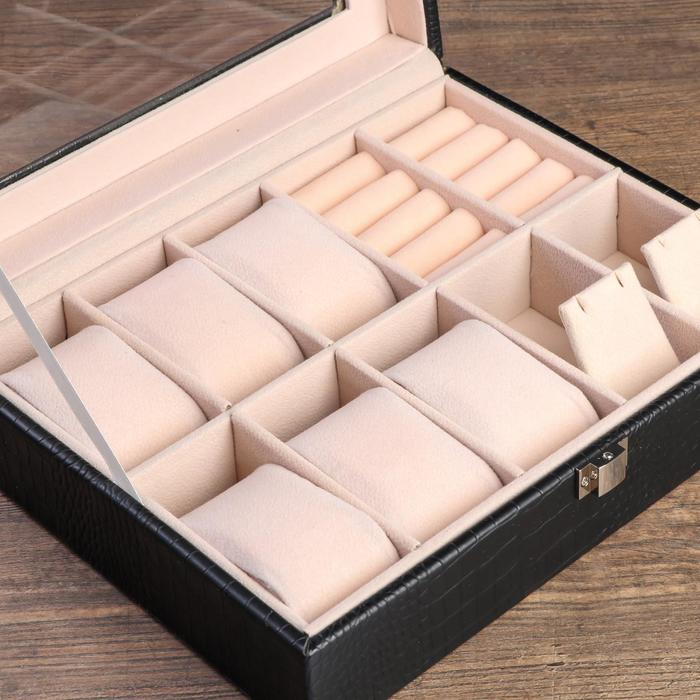 Шкатулка кожзам под часы 6 отделений и бижутерию "Чёрная с белой строчкой" 7,7х25,5х20 см