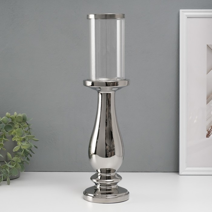 Подсвечник керамика, стекло на 1 свечу "Аванти" d=8 см серебро 10х10х40,5 см