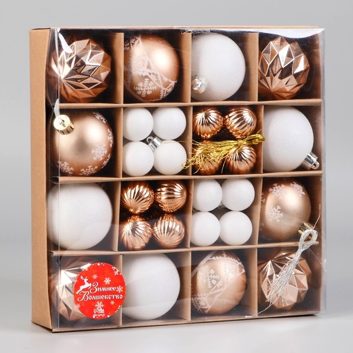 Набор шаров пластик 44 шт d-3 и 6 см Набор шаров пластик 44 шт d-3 и 6 см "Изабель" ассорти, белый золото