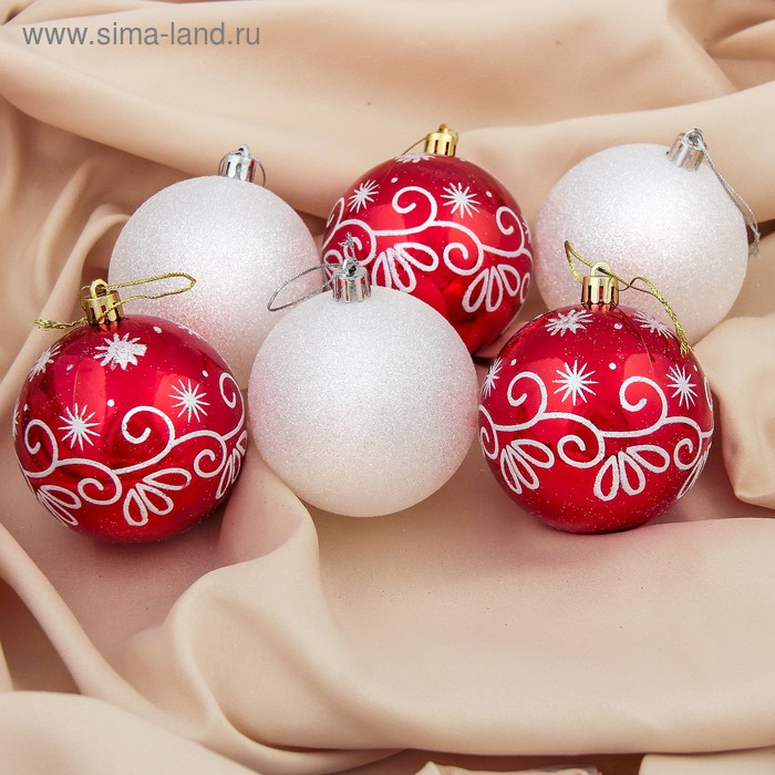 Набор шаров пластик d-8 см, 6 шт Набор шаров пластик d-8 см, 6 шт "Изящный узор" красно-белый