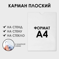 Карман плоский А4, 22,5×0,2×31 см, без скотча для крепления, с вырубкой, оргстекло 1 мм, В ЗАЩИТНОЙ ПЛЁНКЕ