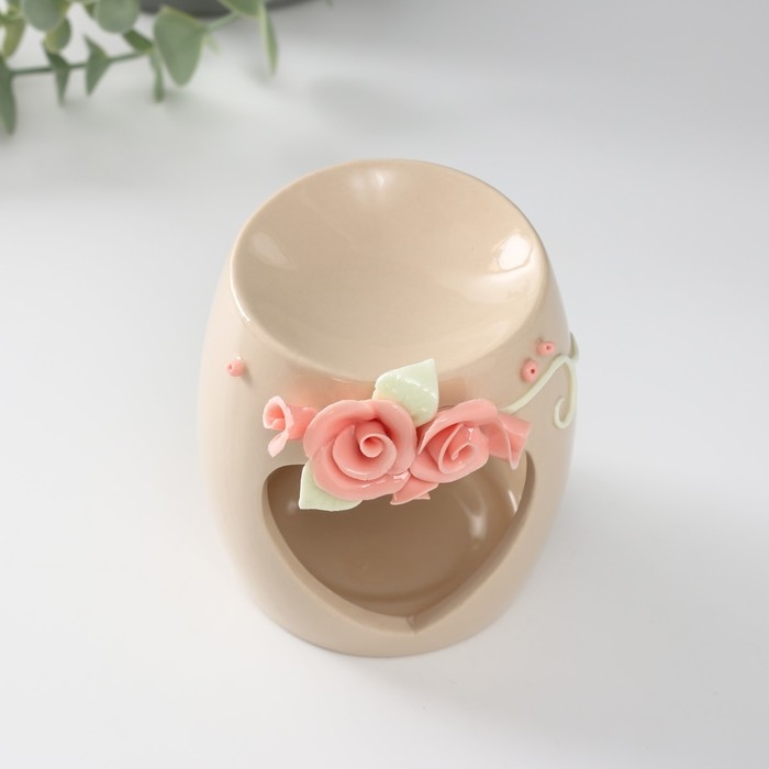 Аромалампа керамика  Аромалампа керамика "Сердце с розами" бежевая 8х8х9 см