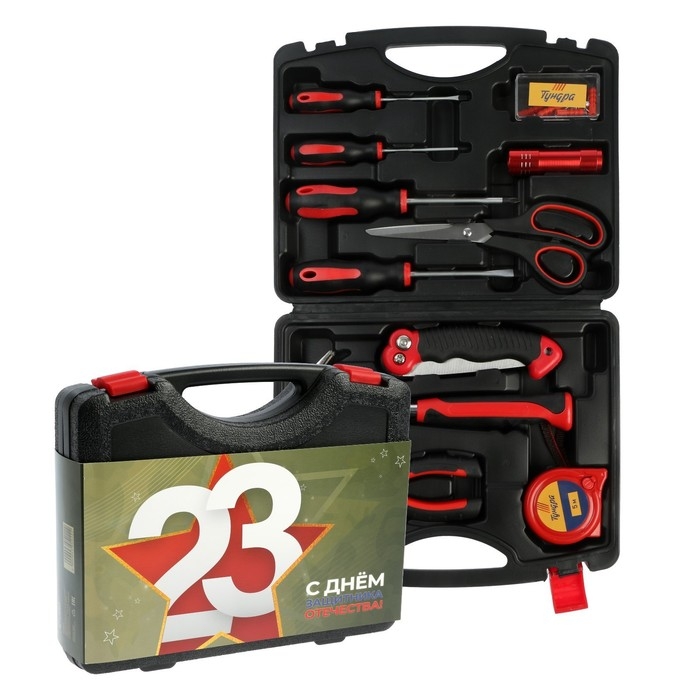 Набор инструментов в кейсе ТУНДРА Набор инструментов в кейсе ТУНДРА "23 ФЕВРАЛЯ", в подарочной упаковке, 11 предметов