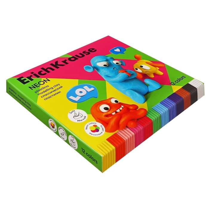 Пластилин 12 цветов, 216 г, ErichKrause Пластилин 12 цветов, 216 г, ErichKrause "Jolly Friends Neon", со стеком, в картонной упаковке