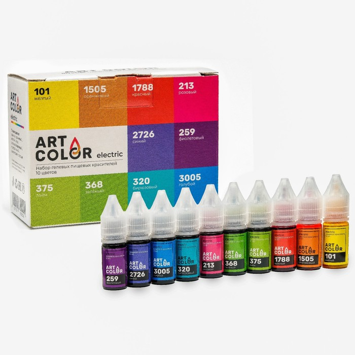 Набор гелевых пищевых красителей Art color electric, микс 10 цветов, 10 мл Набор гелевых пищевых красителей Art color electric, микс 10 цветов, 10 мл