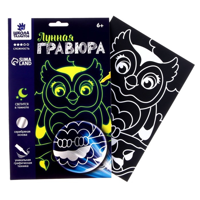 Набор для творчества: лунная гравюра детская и аппликация пайетками «Сова»