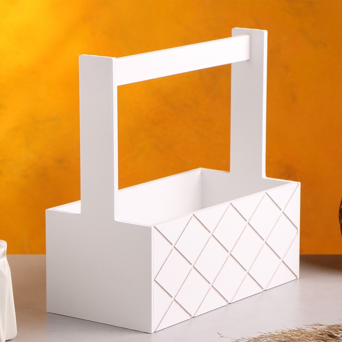 Кашпо деревянное  Кашпо деревянное "Эллада большая, сетка", с ручкой, белый, 25×12,5×10(25) см