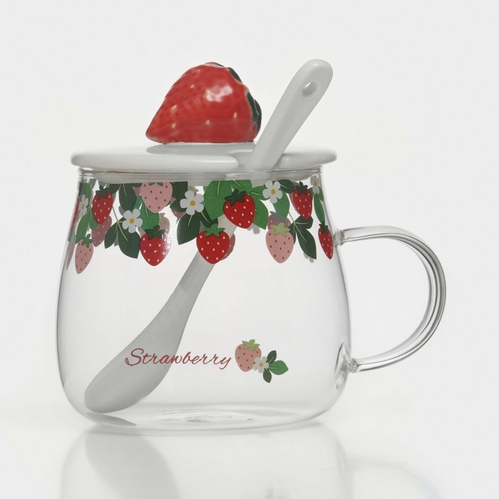 Кружка стеклянная с керамической крышкой и ложкой «Ягодка», 500 мл Кружка стеклянная с керамической крышкой и ложкой «Ягодка», 500 мл