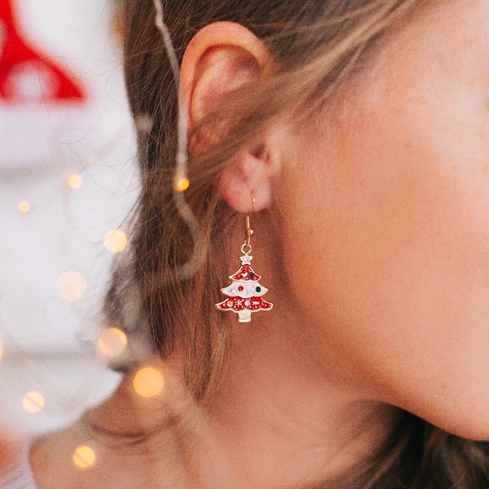 Новый год! Серьги «Ёлочк»и в украшениях, цвет бело-красный в золоте Новый год! Серьги «Ёлочк»и в украшениях, цвет бело-красный в золоте