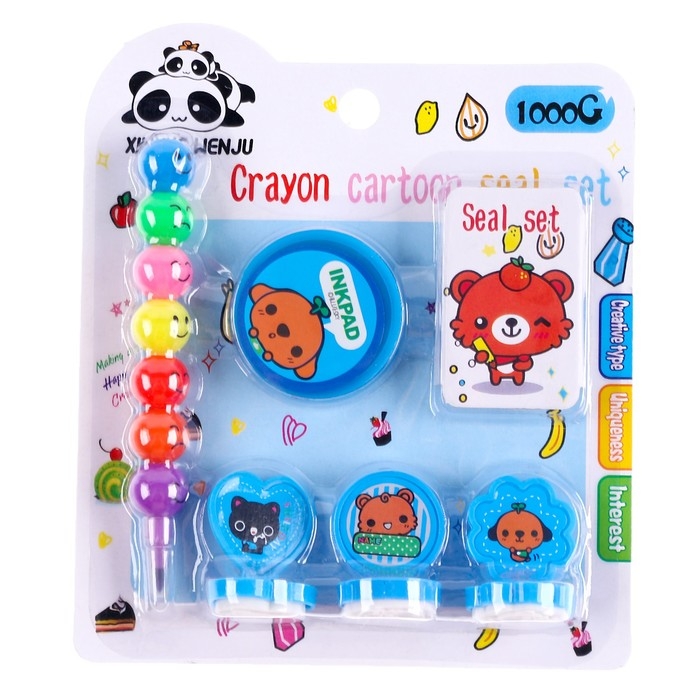 Набор для рисования: печать 3 шт., штемпельная подушка, карандаш 7 цветов, цвет голубой Набор для рисования: печать 3 шт., штемпельная подушка, карандаш 7 цветов, цвет голубой