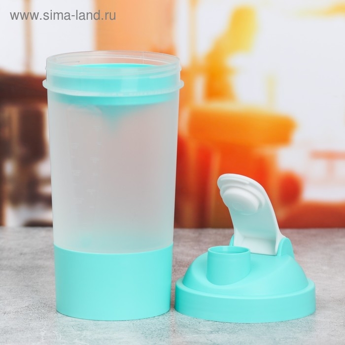 Шейкер спортивный с чашей под протеин, бирюзово-белый, 500 мл Шейкер спортивный с чашей под протеин, бирюзово-белый, 500 мл