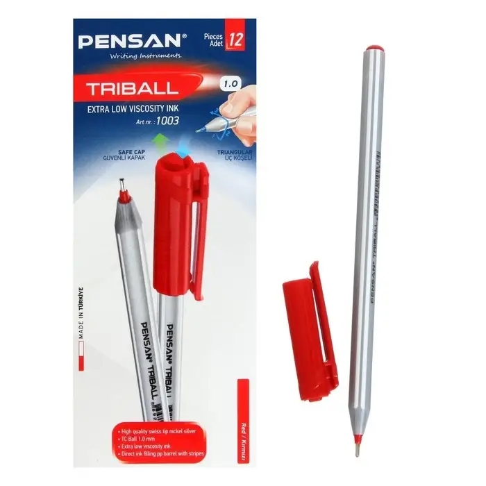 Ручка шариковая Pensan Triball, узел-игла 1.0 мм, чернила красные