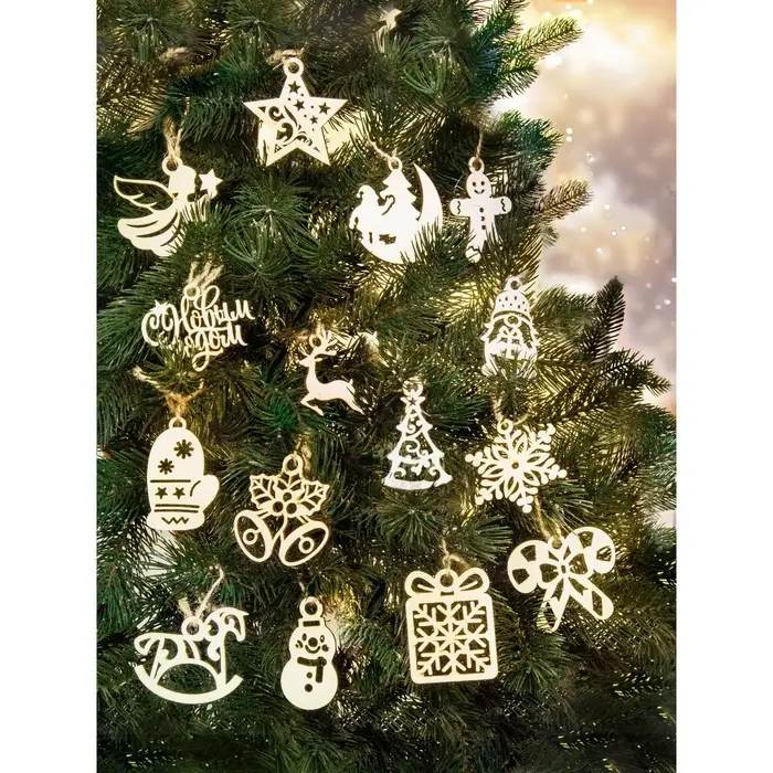 Ёлочные игрушки деревянные в коробке, набор 15 шт.