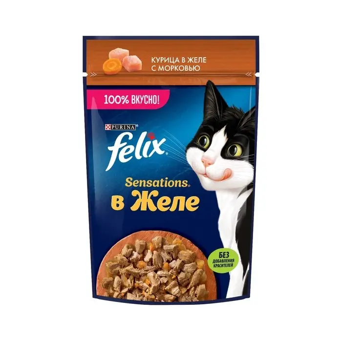 Влажный корм Felix Sensations для кошек, курица/морковь в желе, пауч, 75 г Влажный корм Felix Sensations для кошек, курица/морковь в желе, пауч, 75 г