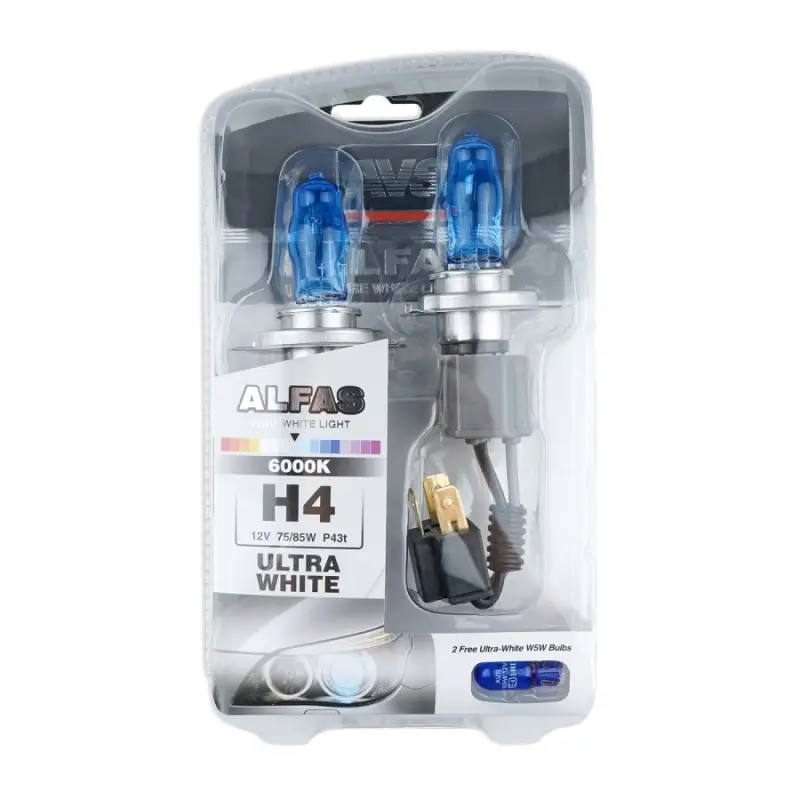 Газонаполненные лампы AVS ALFAS Pure-White 6000К H4 12V 75/85W, комплект 2+2 (W5W) шт.