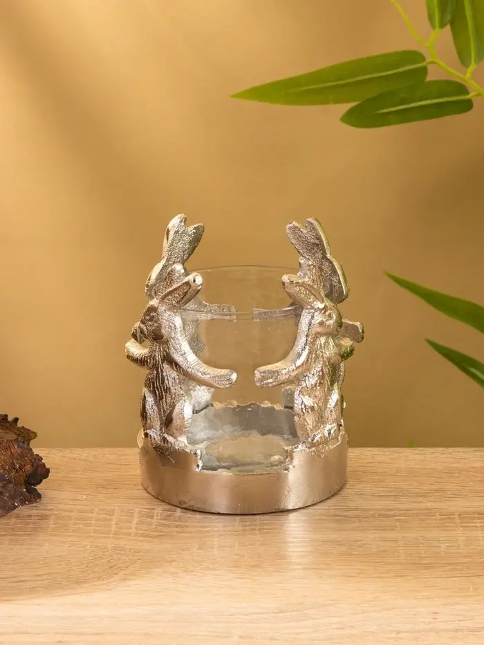 Подсвечник со стеклом &laquo;Влюбленные зайцы&raquo;, 8.5&times;8.5&times;9 см, алюминий