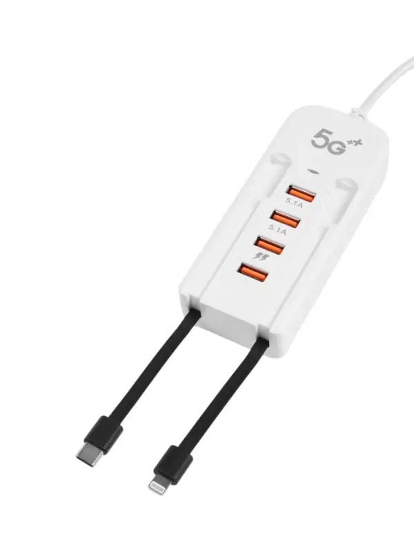 Зарядное устройство USB, 4 порта, с встроенными кабелями Type-C и Lightning, провод 1 м, белый