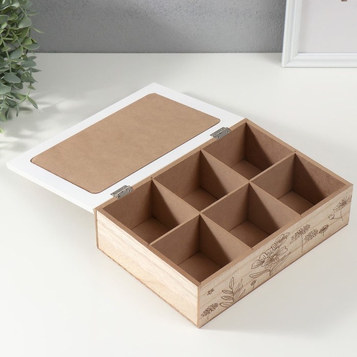 Шкатулка дерево 6 делений  Шкатулка дерево 6 делений "Полевые растения" мешковина 17х24х7 см