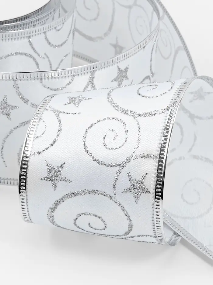 Лента атласная с металлической нитью &laquo;Узоры со звездой&raquo;, 60 мм, 9&plusmn;0.5 м, цвет белый, серебряный