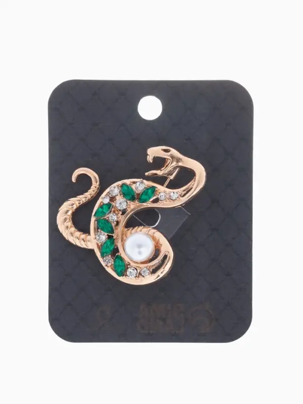 Брошь &laquo;Змея&raquo;, с жемчужиной, бело-зелёная в золоте