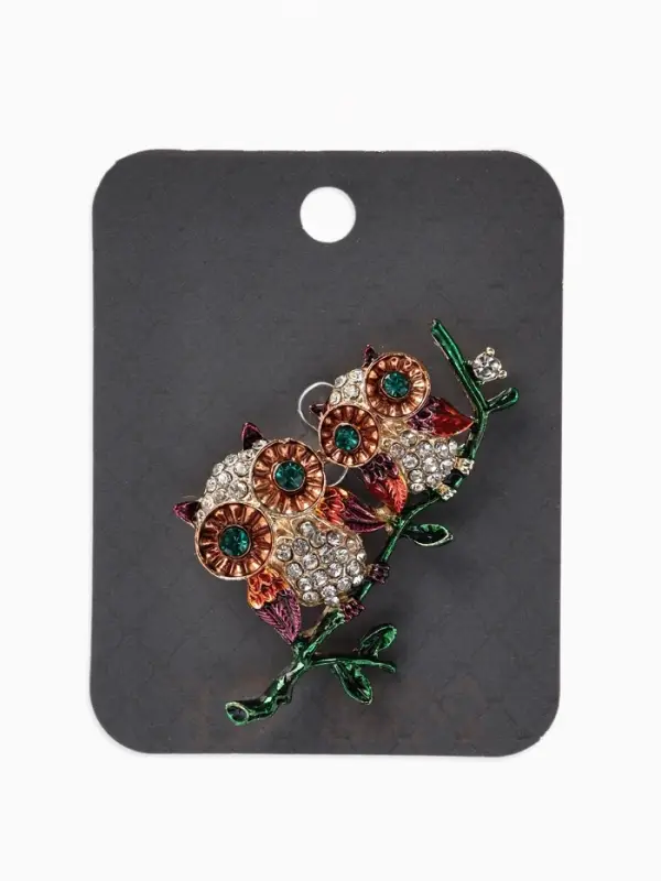 Брошь &laquo;Совы&raquo; на ветке, цветная в золоте