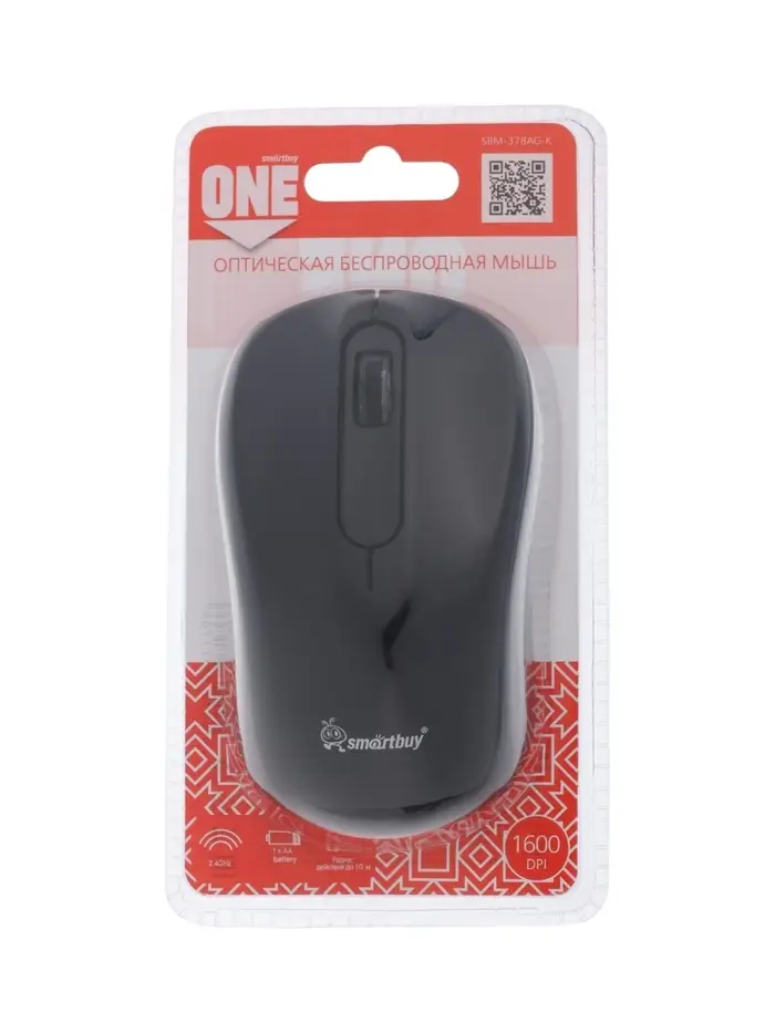 Мышь беспроводная Smartbuy ONE 378, 3 кнопки, 1600 dpi, USB, от батарейки 1хАА, чёрная
