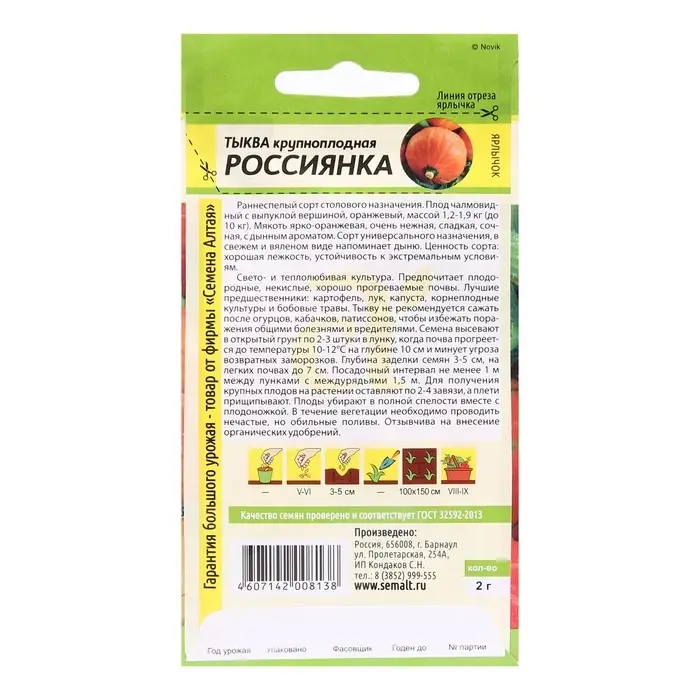 Семена Тыква  Семена Тыква "Россиянка", Сем. Алт, ц/п, 2 г
