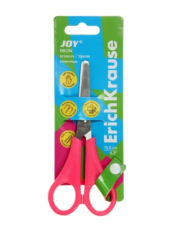 Ножницы детские для левшей 13.5 см, ErichKrause Joy Left Hand, с закруглёнными концами лезвий и линейкой, МИКС