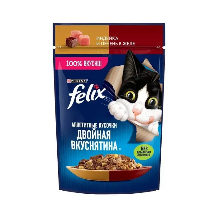 Влажный корм Felix Влажный корм Felix "Двойнная вкуснятина" для кошек, индейка/печень в желе, пауч 75 г