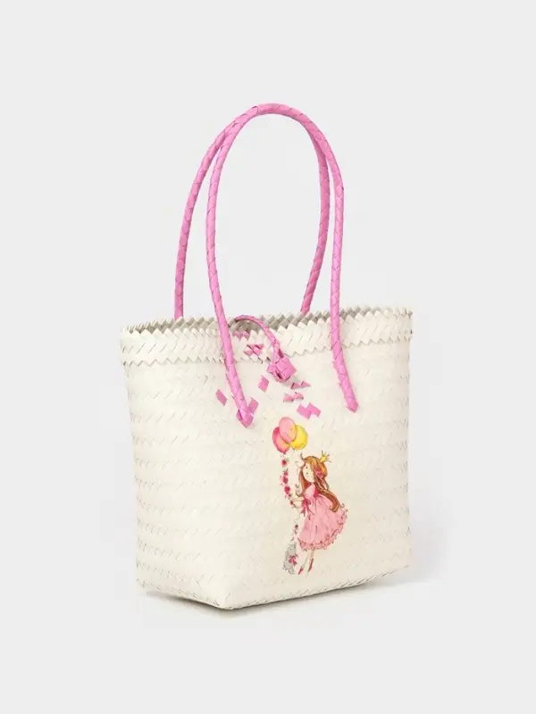 Сумка плетёная на застёжке &laquo;Девочка с букетом&raquo;, 40&times;10&times;55 см, пластик, бело-розовая