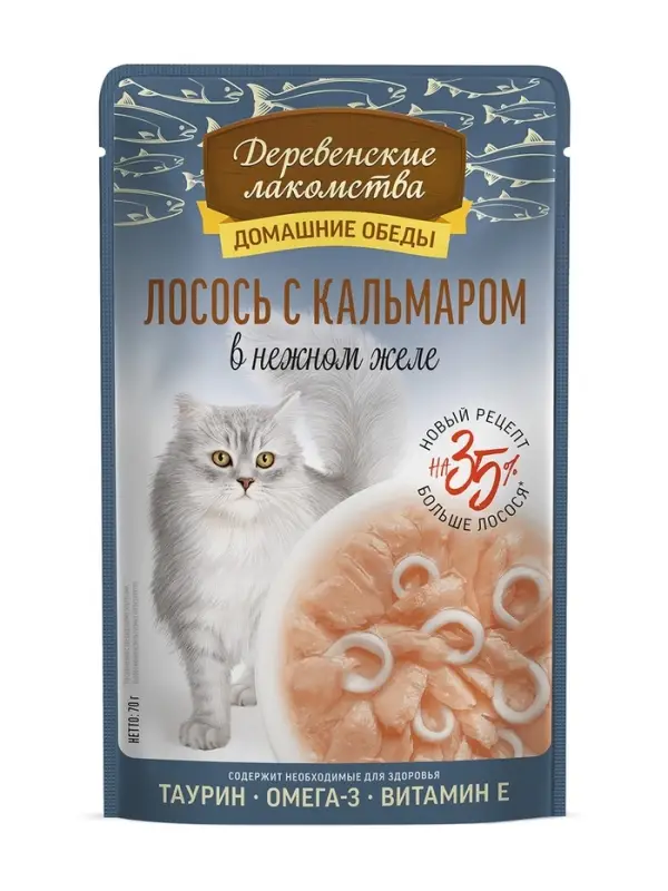 Влажный корм для кошек &laquo;Деревенские лакомства&raquo;, лосось с кальмаром в нежном желе, пауч, 70 г