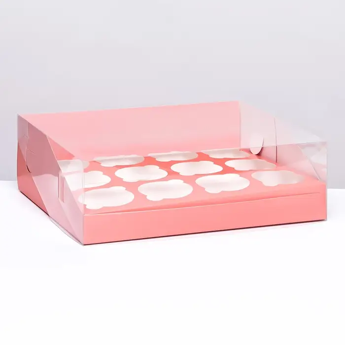Кондитерская складная коробка для 12 капкейков 31×23.5×10 см, розовая Кондитерская складная коробка для 12 капкейков 31×23.5×10 см, розовая
