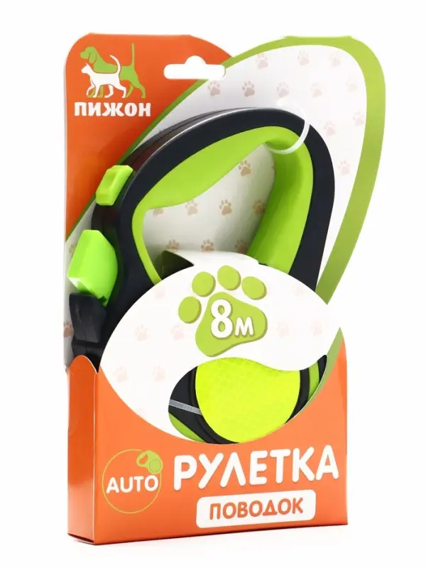 Рулетка &laquo;Пижон&raquo;, 8 м, до 40 кг, трос, светоотражающая, прорезиненная ручка, зелёная