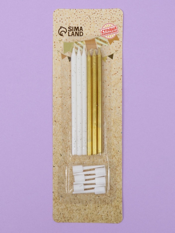 Свечи для торта  Свечи для торта "Блестящая вечеринка", 6 шт, белый, золотой и белый