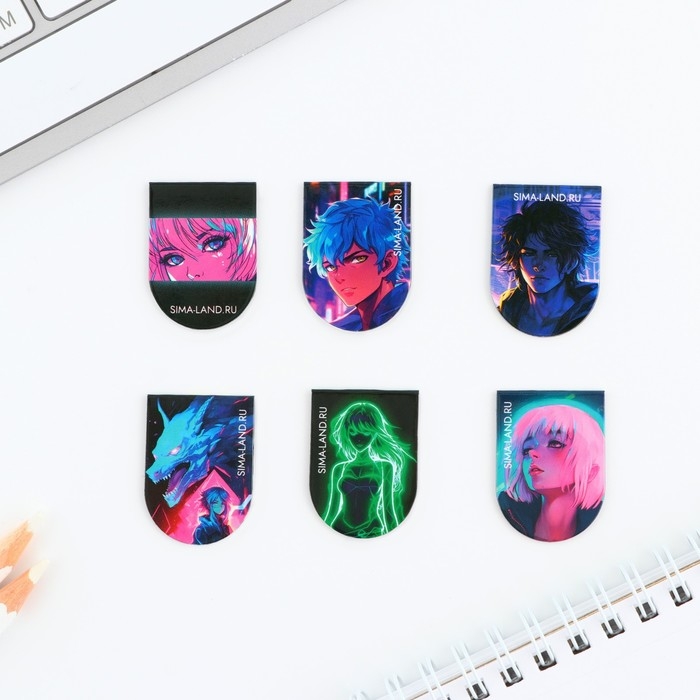Закладки магнитные для книг, 6 шт «Неоновое аниме»