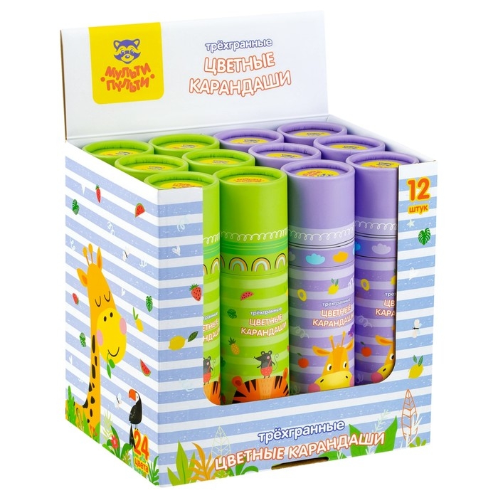 Карандаши 24 цвета Мульти-Пульти  Карандаши 24 цвета Мульти-Пульти "Друзья енота", трёхгранные, заточенные, в тубусе