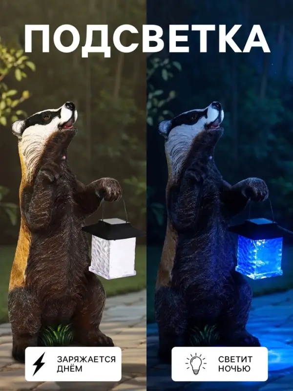 Садовая фигура - фонарь &laquo;Барсук с фонарём&raquo; из полистоуна, 18&times;16&times;41 см