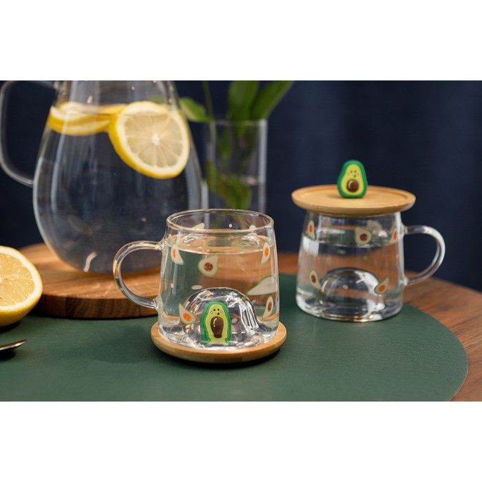 Кружка стеклянная с деревянной крышкой «Авокадо», 350 мл, рисунок МИКС Кружка стеклянная с деревянной крышкой «Авокадо», 350 мл, рисунок МИКС