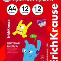 Бумага цветная А4 ErichKrause Jolly Friends, 12 листов, 12 цветов, односторонняя, металлизированная, мелованная, в папке