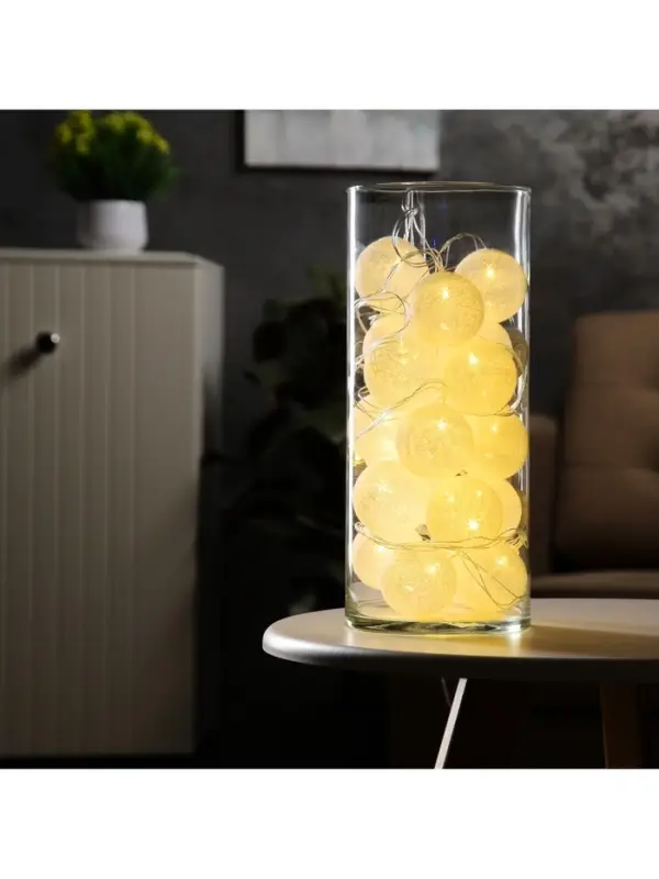 Гирлянда &laquo;Нить&raquo; 5 м с насадками &laquo;Клубки белоснежные&raquo;, IP20, прозрачная нить, 20 LED, свечение тёплое белое, 220 В