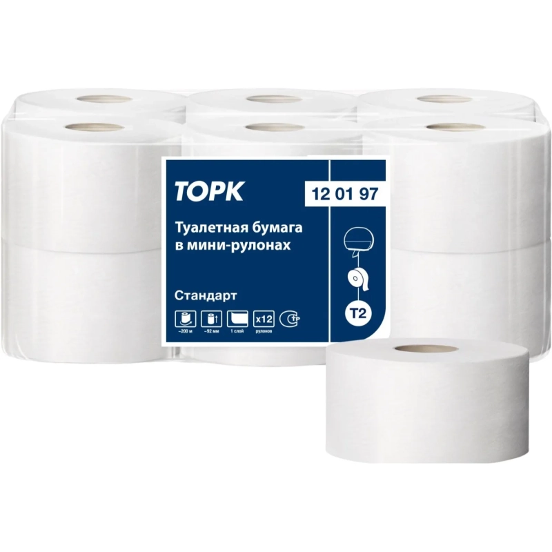 Бумага туалетная д/дисп Торк/Tellus Стандарт Т2 1сл 200м 12рул/уп_120197