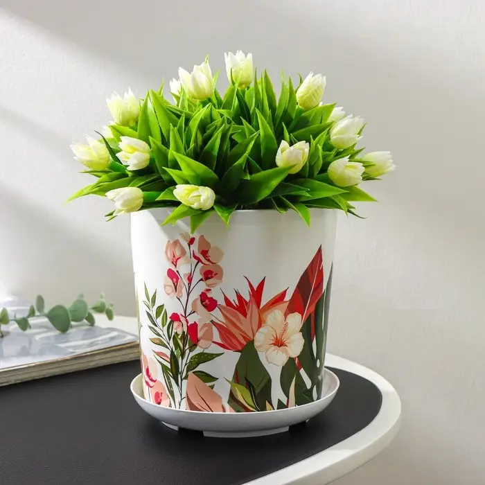 Горшок для цветов с поддоном Доляна «Тропический лес», 1,6 л, d=14 см, h=15,5 см, цвет белый Горшок для цветов с поддоном Доляна «Тропический лес», 1,6 л, d=14 см, h=15,5 см, цвет белый