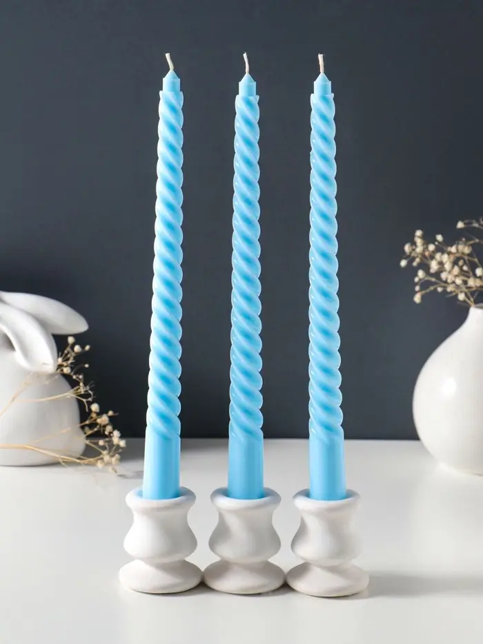 Набор свечей витых 25 см, 3 шт., 57 г, 5 ч, пастельно-голубой