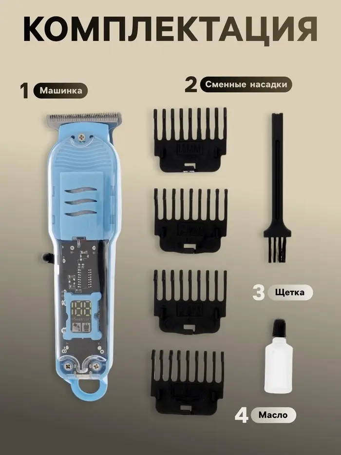 Машинка для стрижки LTRI-14, 4 насадки, 1,5/2/3/4 мм, USB, голубая